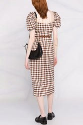 Robe mi-longue vintage à manches bouffantes, col carré et carreaux vichy - Marron